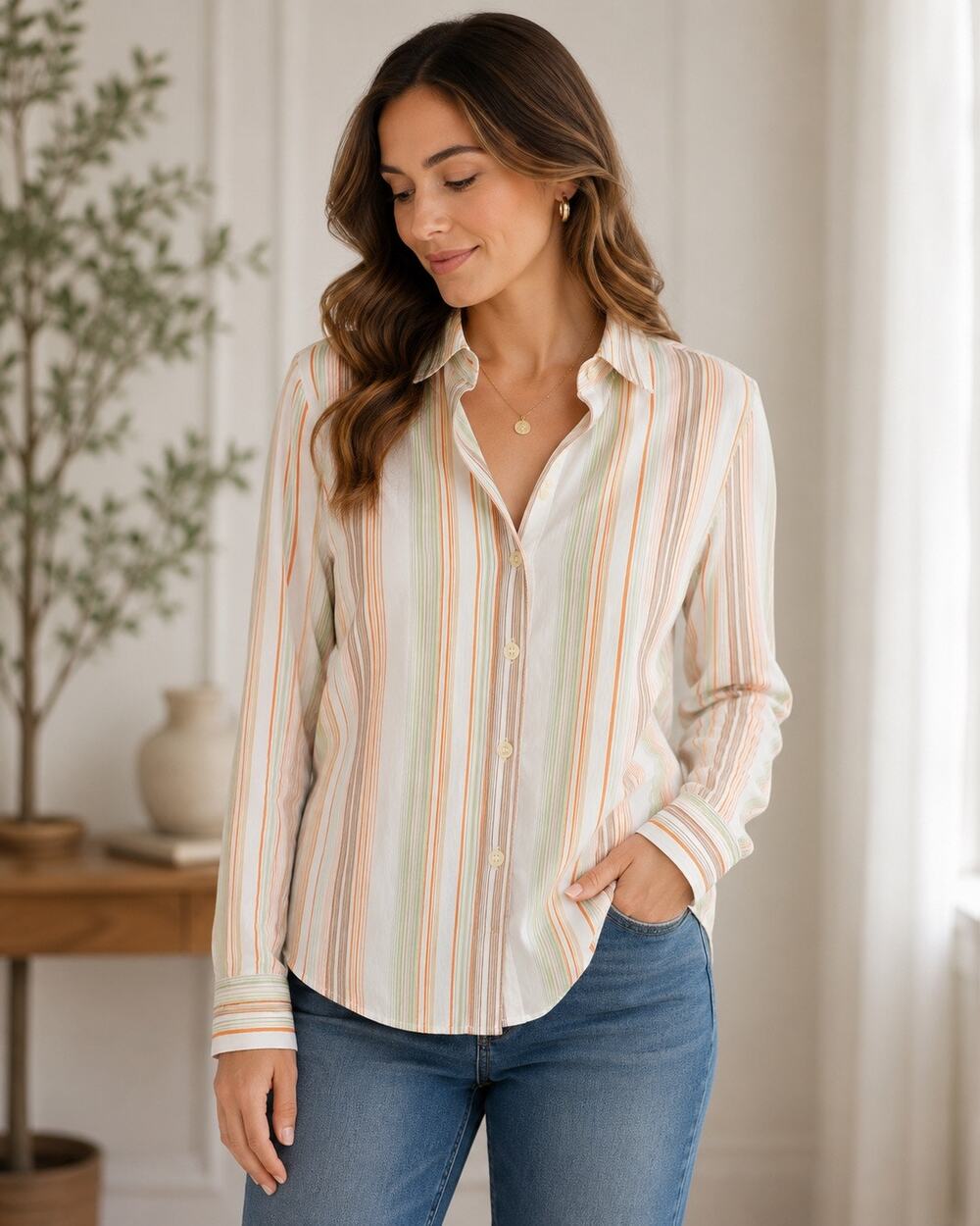 Bernard Holtzman Striped Button Front Shirt Women L Cotton Stretch Career Preppy